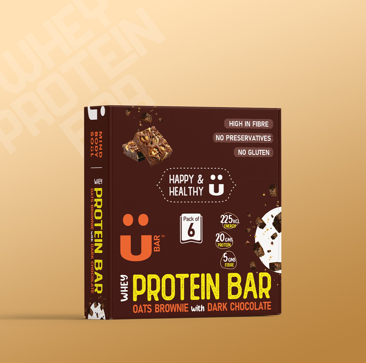 Oats Brownie With Dark Chocolate - Ubar - 20 Grams Protein in each 60 Grams Bar (Pack of 6, 360gm)